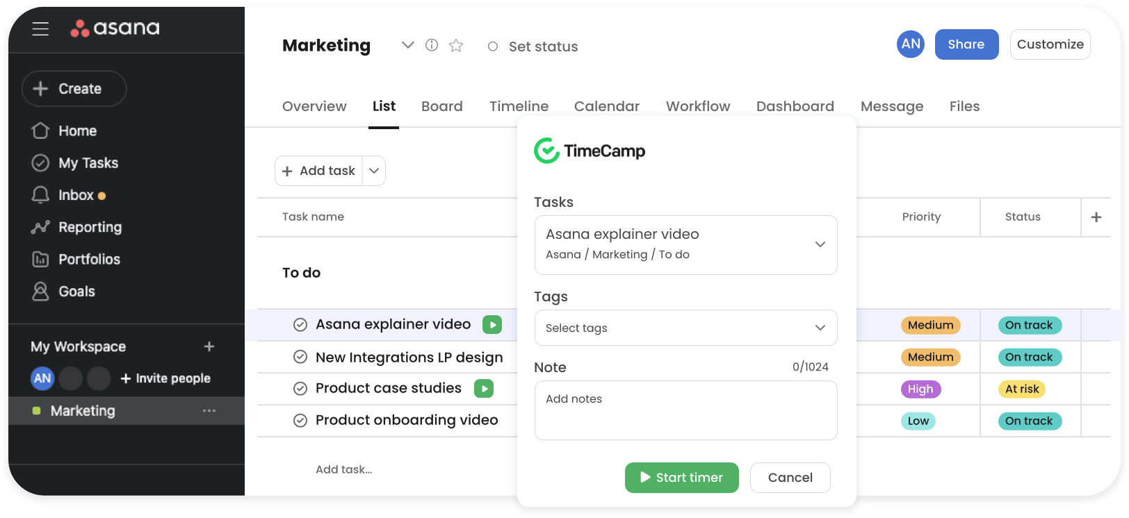 asana time tracking integration